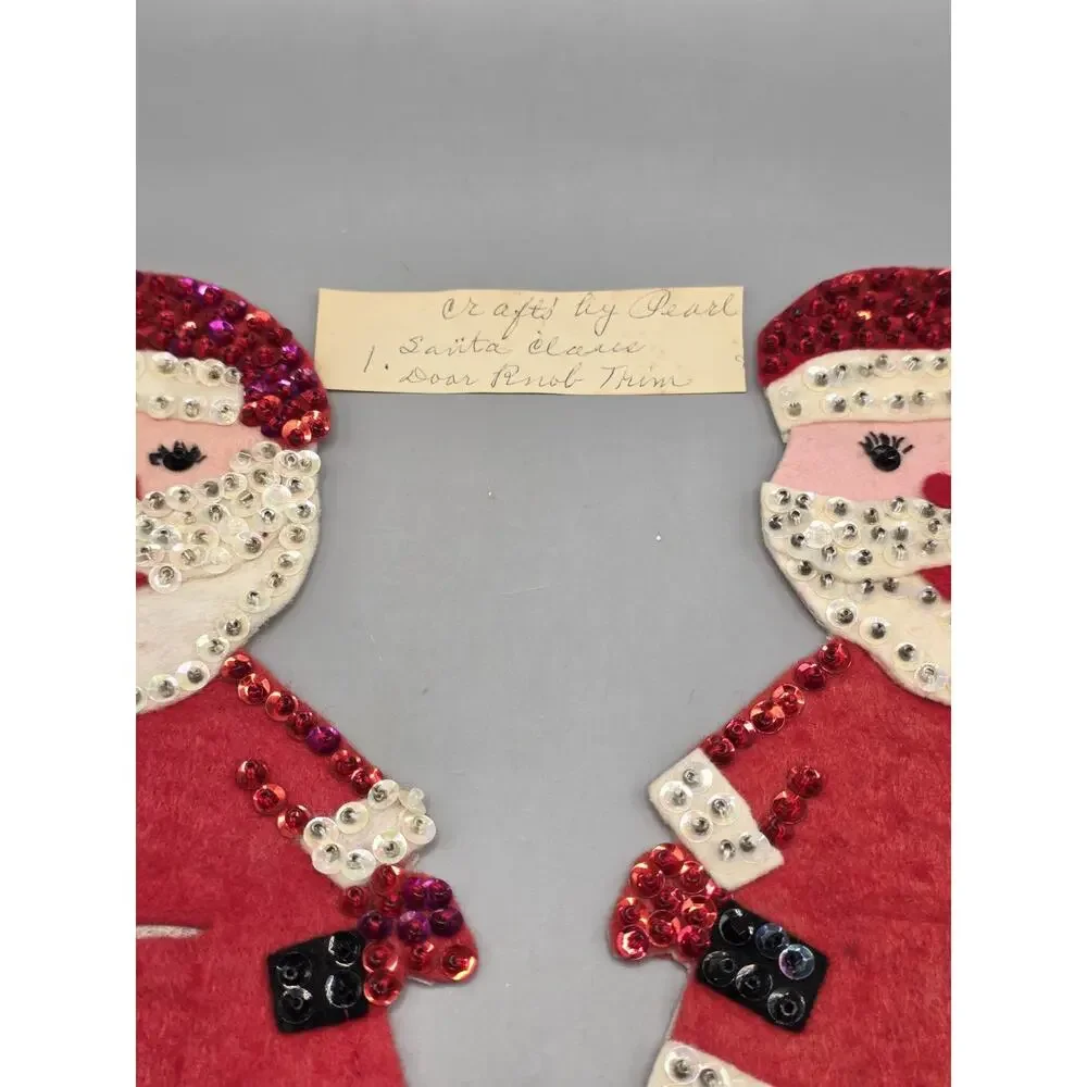 Vtg Mid Century Handmade Felt Sequin Santa Claus Door Knob Cover Hanger Pair